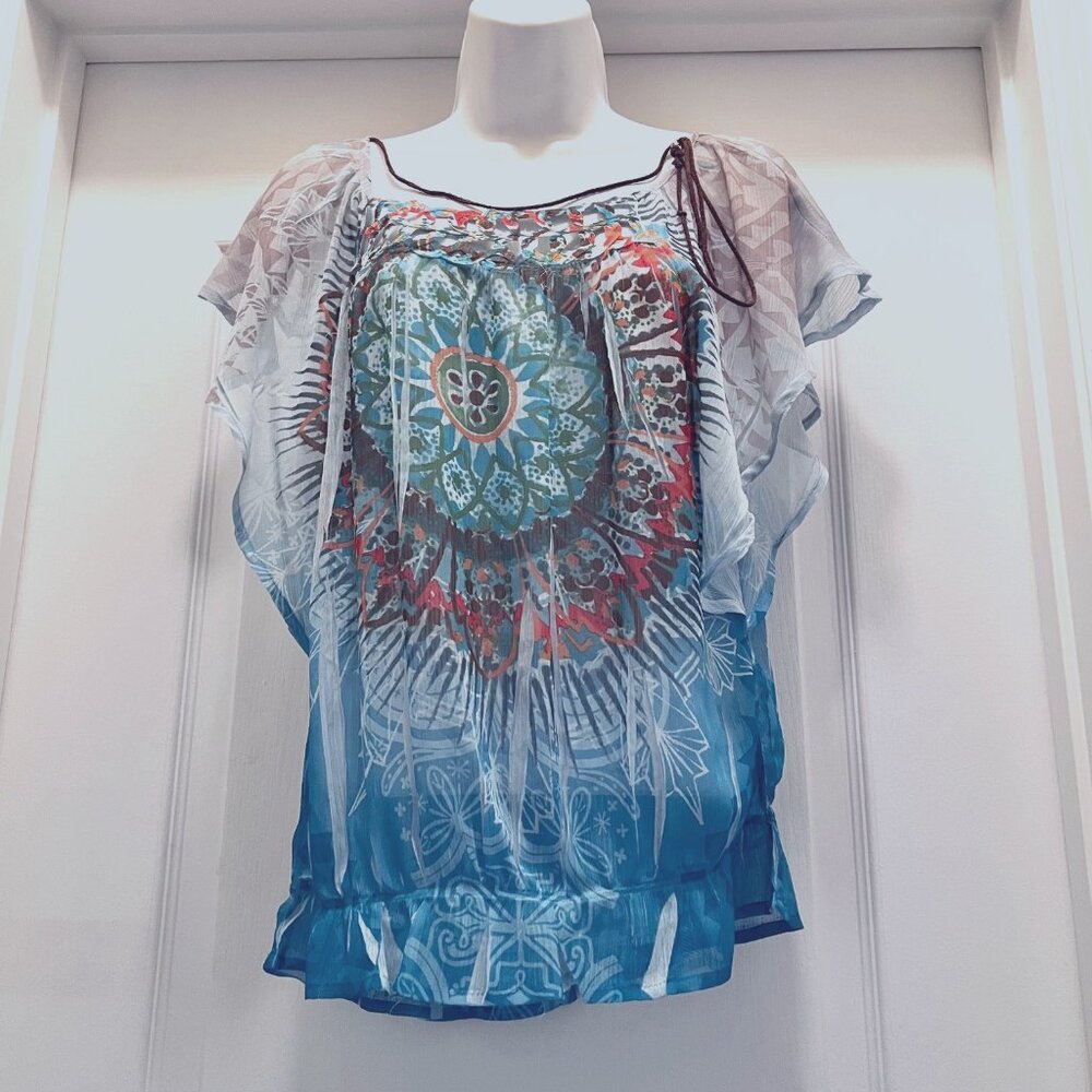 Bongo-Women's Sheer Short Flowy Sleeves Top-Necklace Built in-Med-Blue Boho